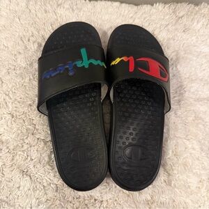 Champion Black Slide Sandals with Rainbow Logo
